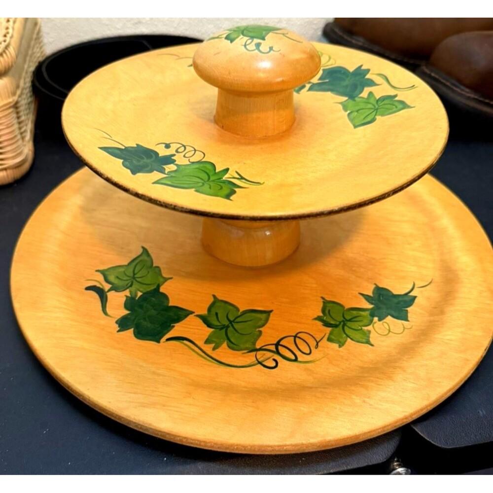 50s Woodcroftery 2-Tier Server Tidbit Tray Hand-Painted Folk Art 12”x7”